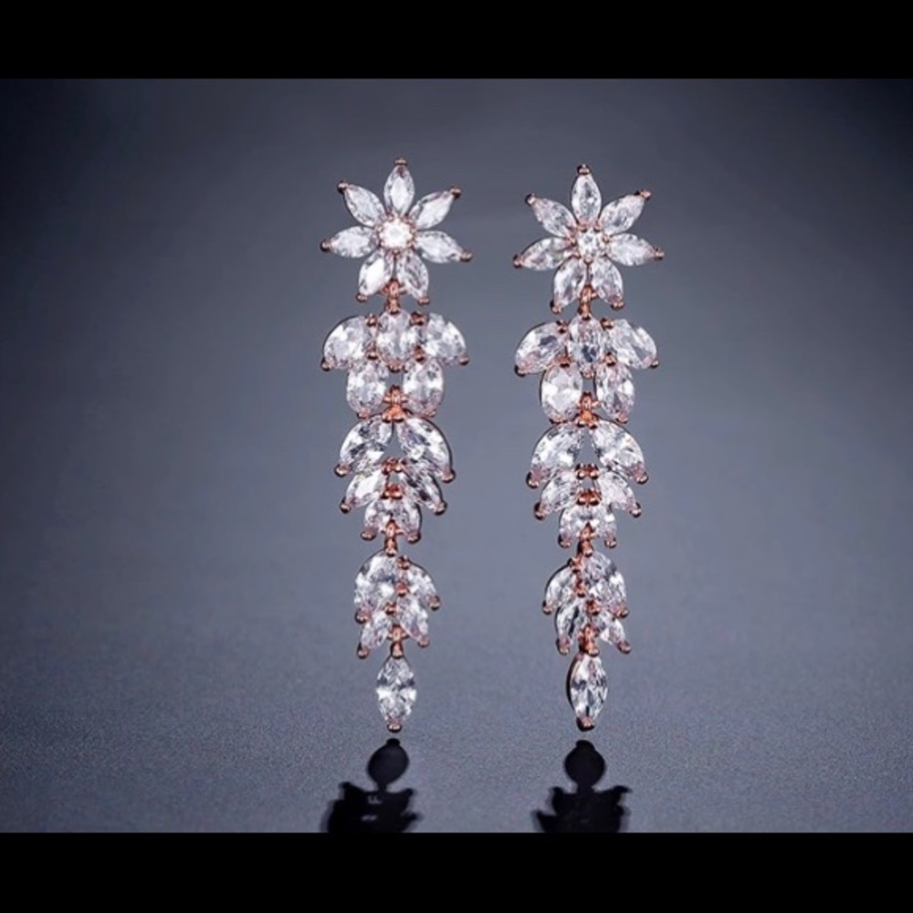 Rose Gold Bridal marquis cluster flower CZ drop earrings - Picture 5 of 5